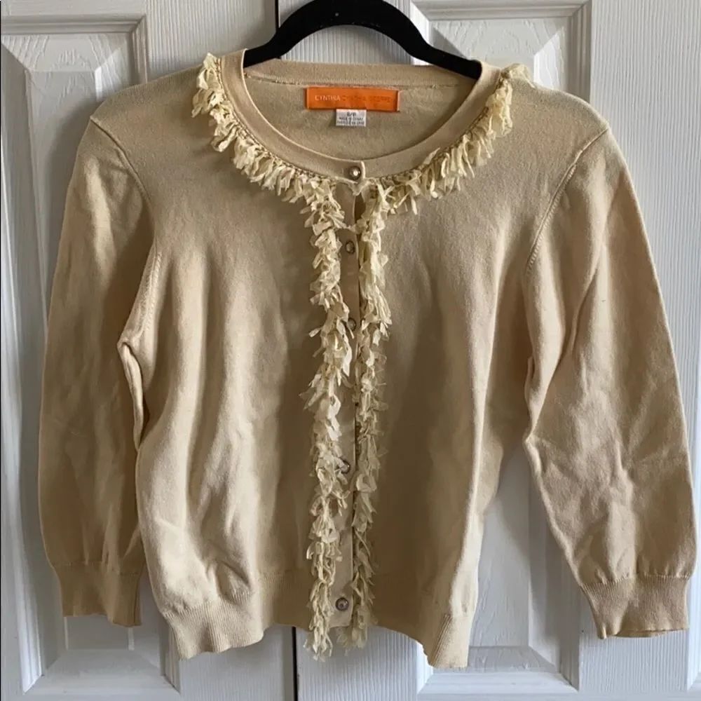 Cynthia Steefe Tan Short Ruffle Cardigan Sweater